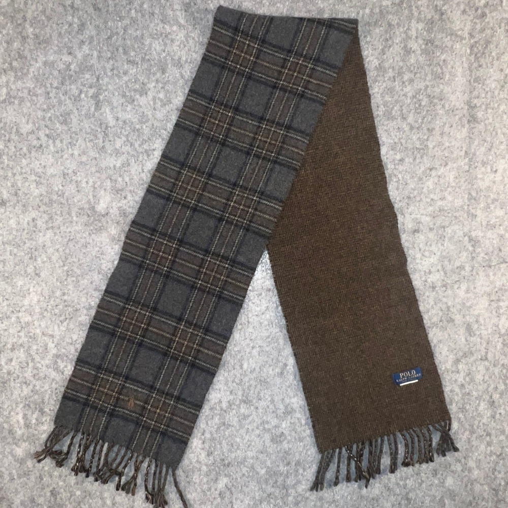 Polo Ralph Lauren Reversible Scarf Grey Brown Plaid Made in Italy Wool Blend